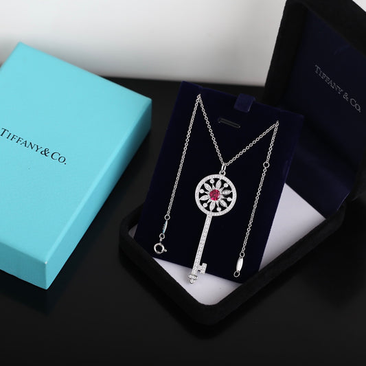 Star Key Diamond Ruby Platinum Large Pendant Necklace