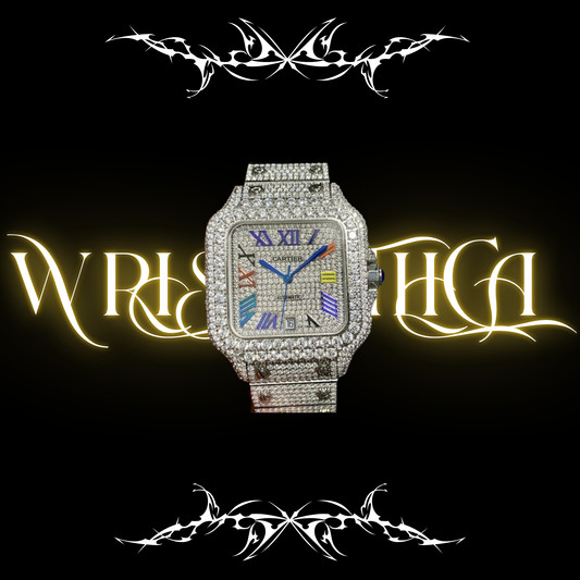 Santos de Cartier Diamond Paved Dial with romans Markers in rainbow